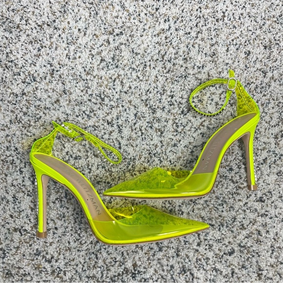 Stuart Weitzman Shoes - Stuart Weitzman Heel Women 7 Glam 100 Strap Pump Neon Yellow Rhinestone Shoe